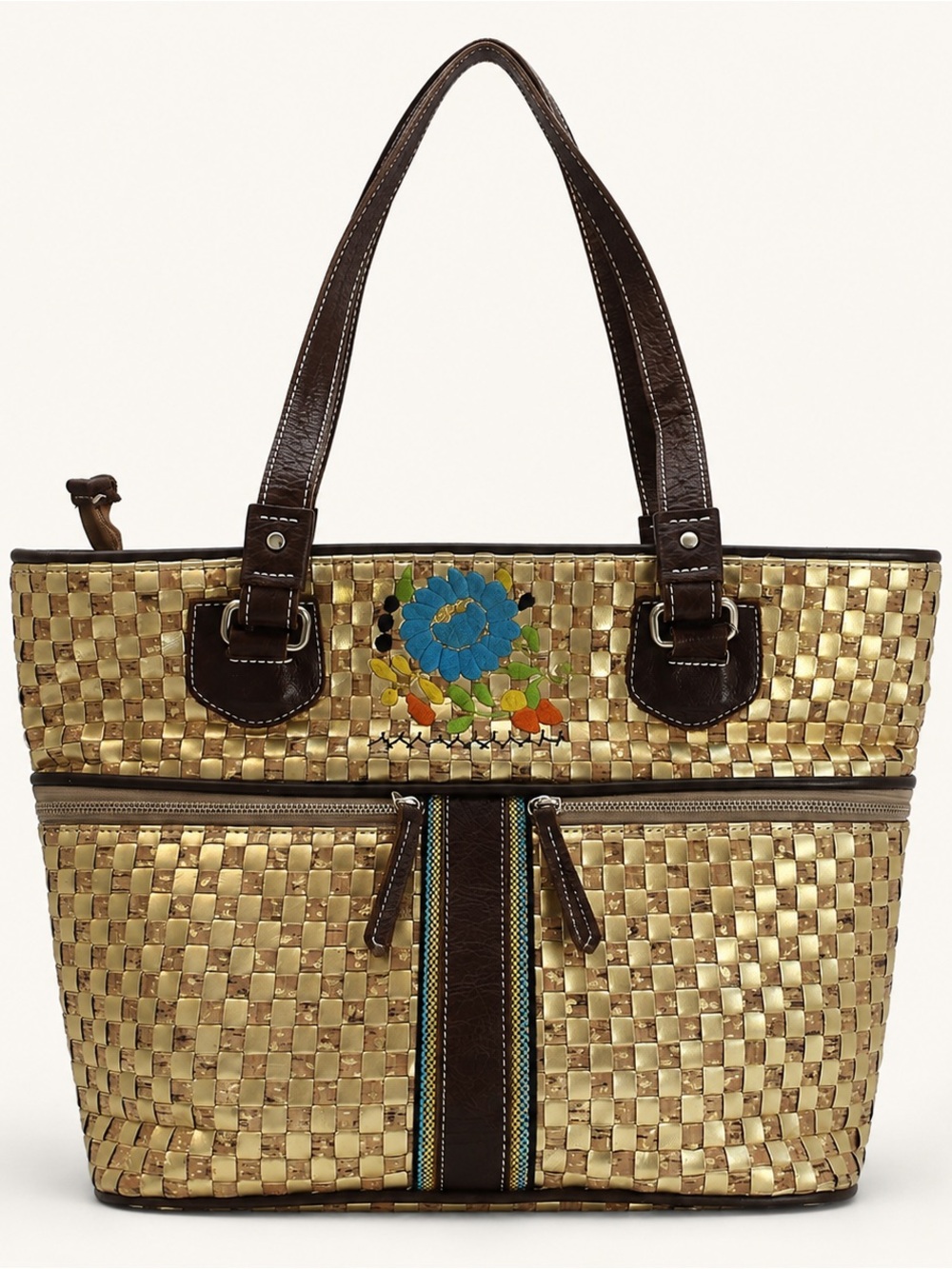 Consuela Metallic Gold Woven Leather Embroidered Tote Shoulder Bag
